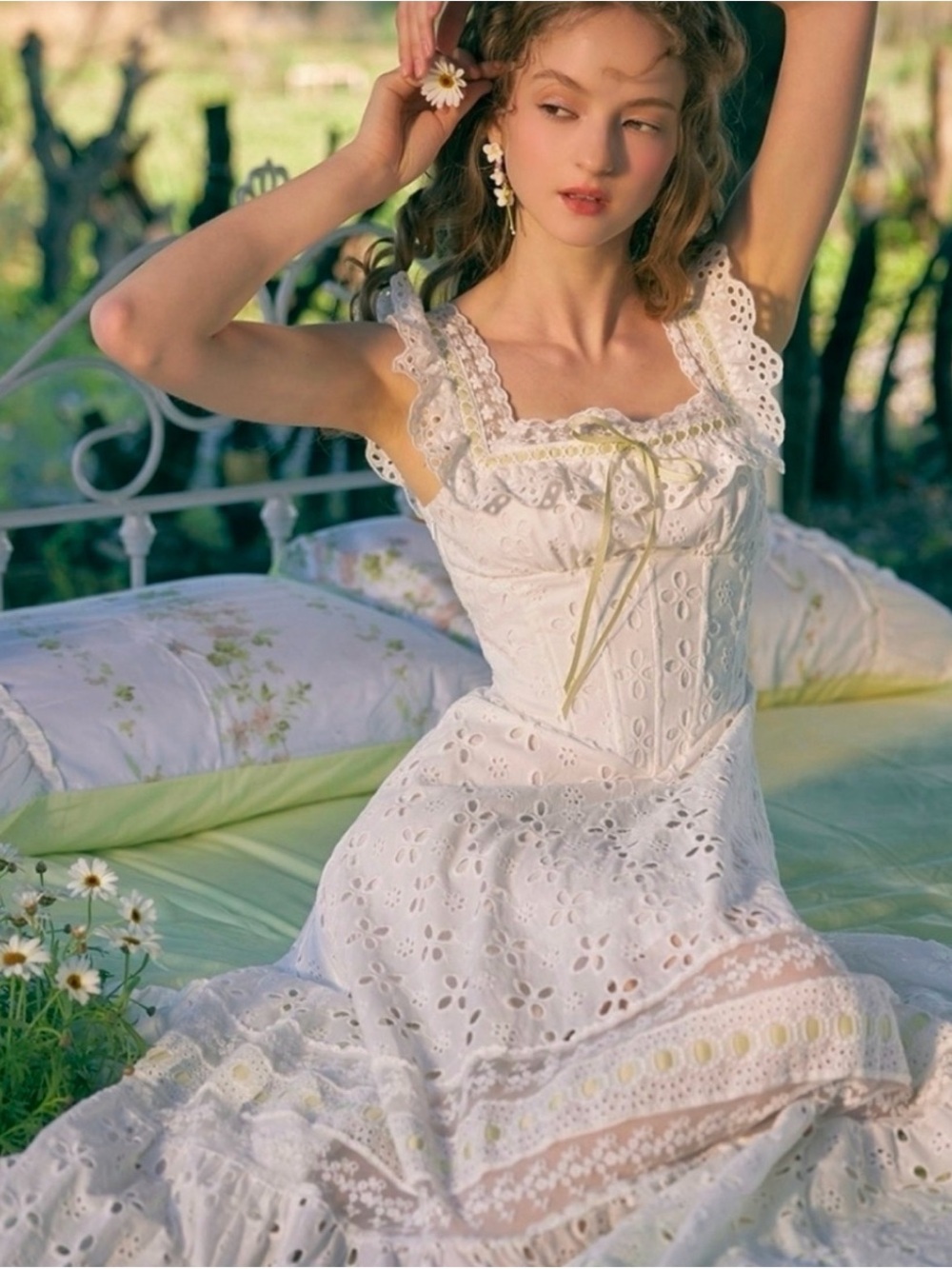 NWOT Lacemade White Eyelet Lace Summer Dress with Delicate Yellow Trim